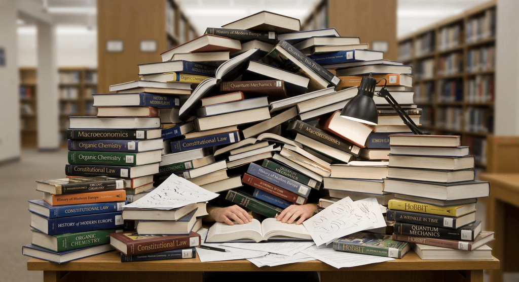 Young boy reading a book at a library table surrounded by books