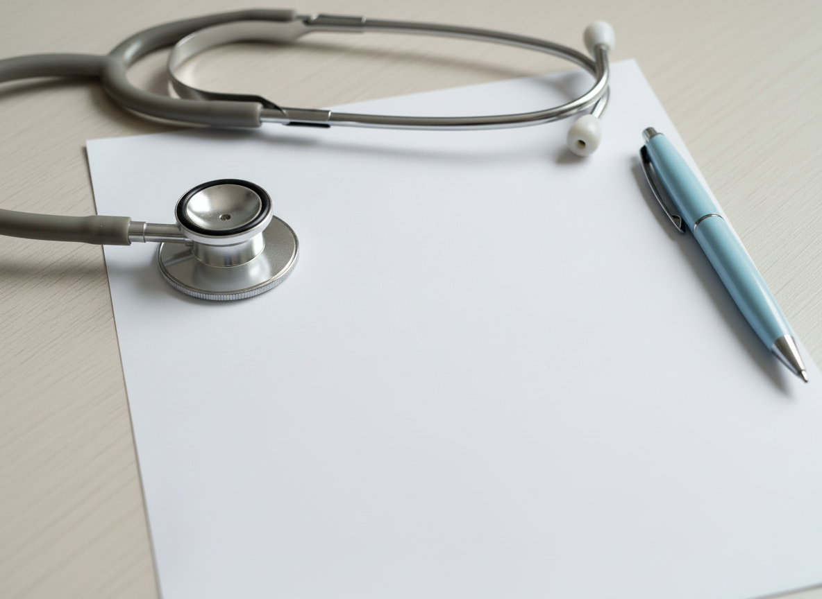 Realistic professional healthcare flat lay photo with tight, balanced composition. A blank medical document completely without any visible text or letters, no English words, no readable content at all. The paper must be entirely blank. A stethoscope naturally resting partly over the paper, and a pen placed close by. Elements grouped closely together, minimal empty white space, slightly zoomed-in framing. Scandinavian calm aesthetic, soft natural light, muted neutral colors (white, soft grey, light blue). No illustration style. Pure realistic photography.